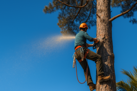 Angeseilter Holzarbeiter trägt Baum mit Motorsäge ab